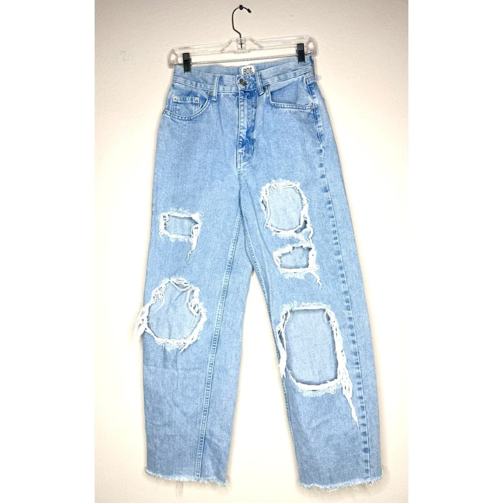 BDG 26x27 High Rise Baggy Blue Distress Jeans Button Zip Straight Flare Button - Picture 1 of 14